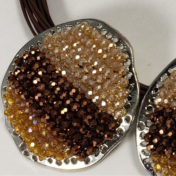 Signature NYC, Multi layers Brown Cord 3 Beaded Big Silver discs, & Earrings set - Picture 4 of 4